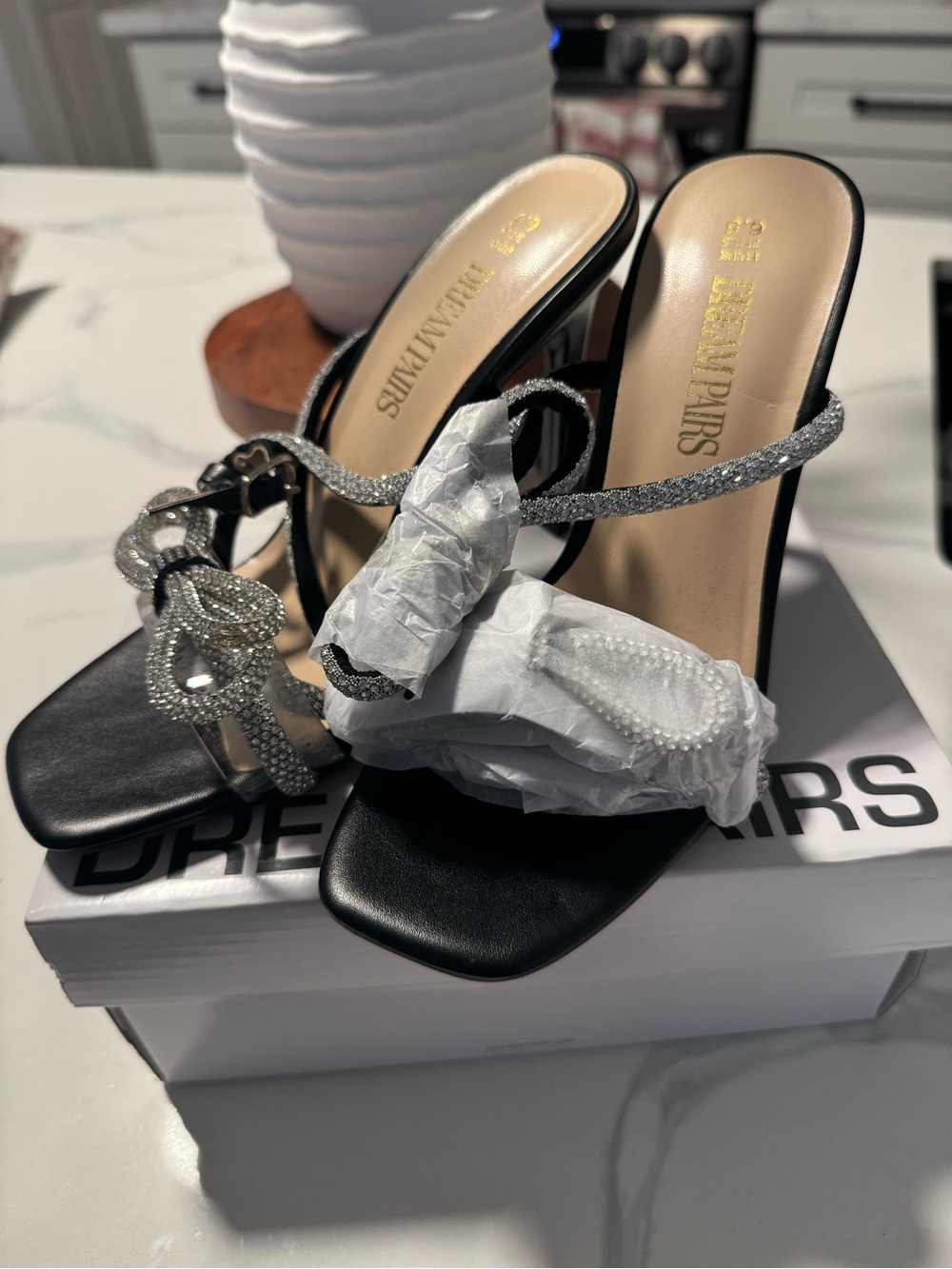 Dream Pairs Black Heeled Slide Sandals with Silver Crystal Straps